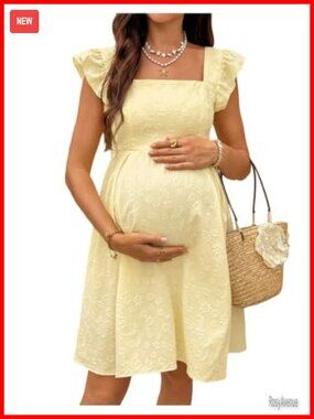 Maternity Dress Square Neck Ruffle Sleeve A-Line Summer Casual